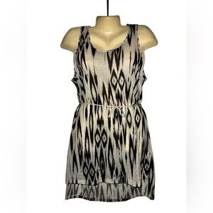 H&M Bohemian Black and Cream Patterned Sleeveless Mini Dress with Waist Tie